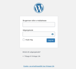 Billedet viser loginskærmen til administrationsdelen af din wordpress installation